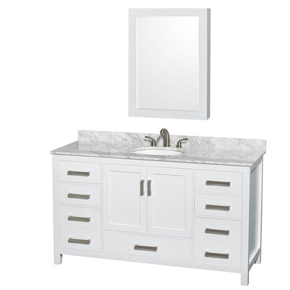 Wyndham Collection Sheffield 60" Single Bathroom Vanity in White, White Carrara Marble Countertop, Undermount Oval Sink, and Medicine Cabinet