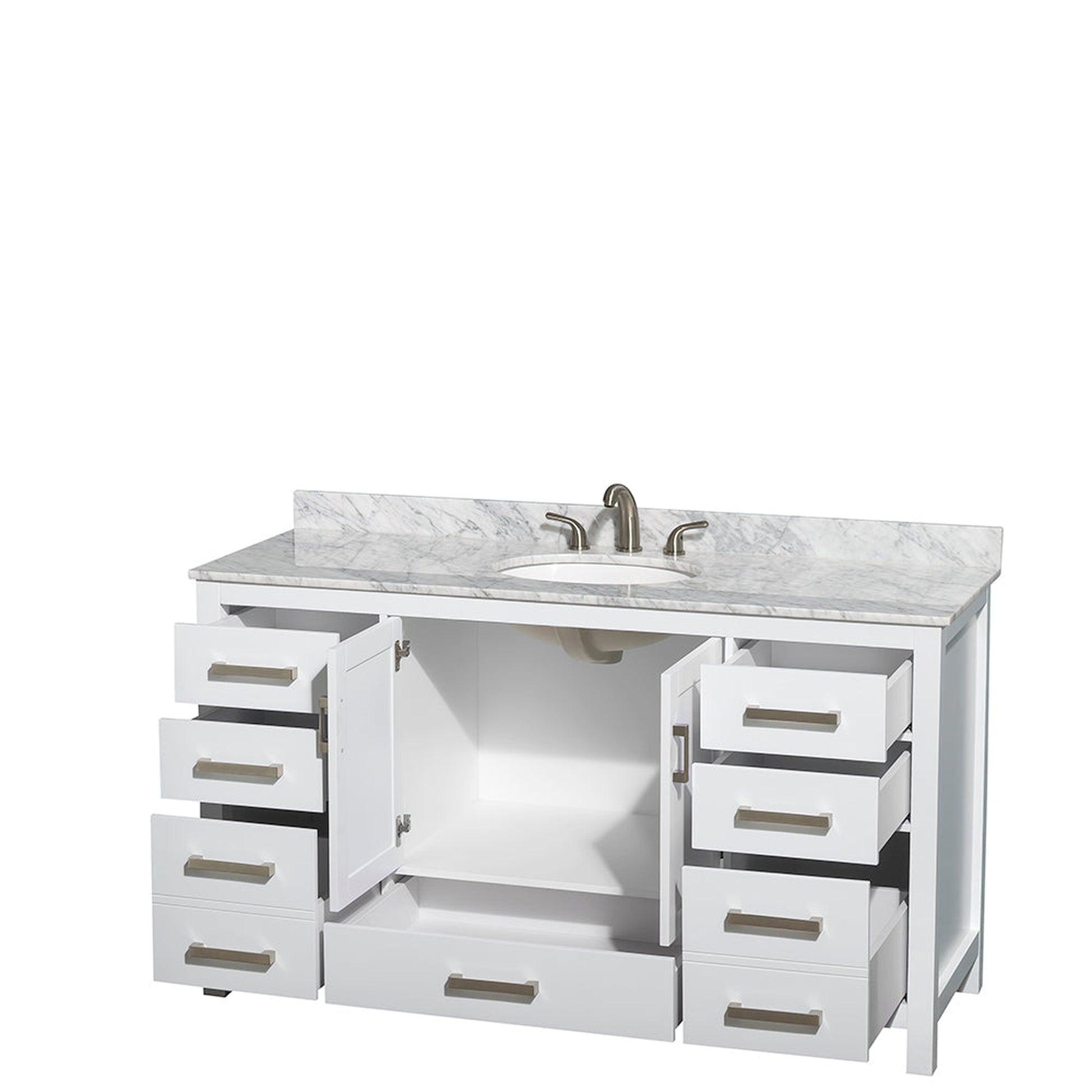 Wyndham Collection Sheffield 60" Single Bathroom Vanity in White, White Carrara Marble Countertop, Undermount Oval Sink, and No Mirror