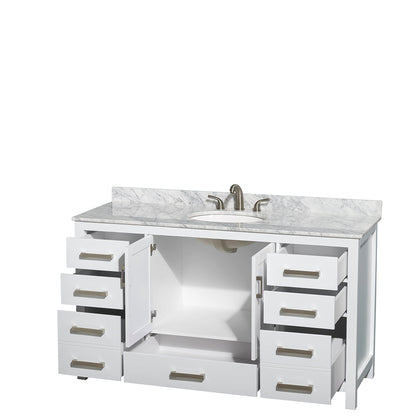 Wyndham Collection Sheffield 60" Single Bathroom Vanity in White, White Carrara Marble Countertop, Undermount Oval Sink, and No Mirror
