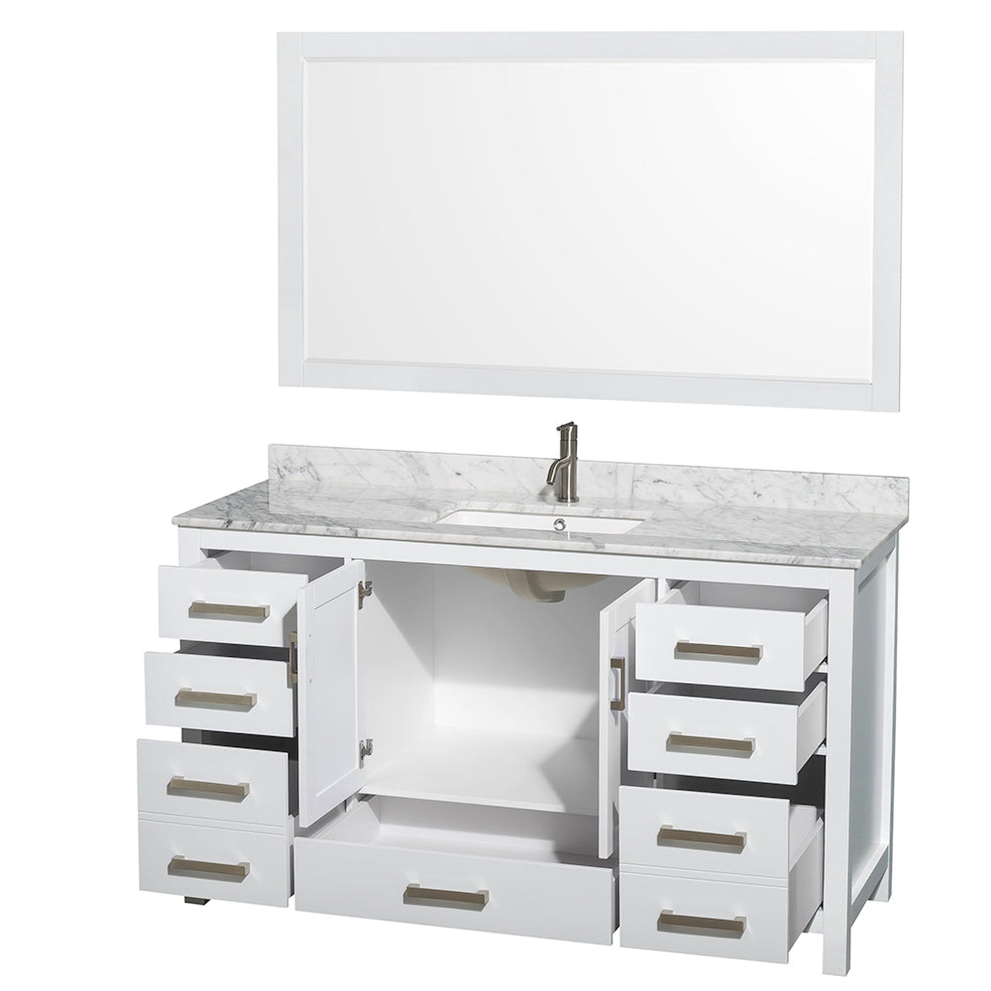 Wyndham Collection Sheffield 60" Single Bathroom Vanity in White, White Carrara Marble Countertop, Undermount Square Sink, and 58" Mirror