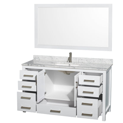 Wyndham Collection Sheffield 60" Single Bathroom Vanity in White, White Carrara Marble Countertop, Undermount Square Sink, and 58" Mirror