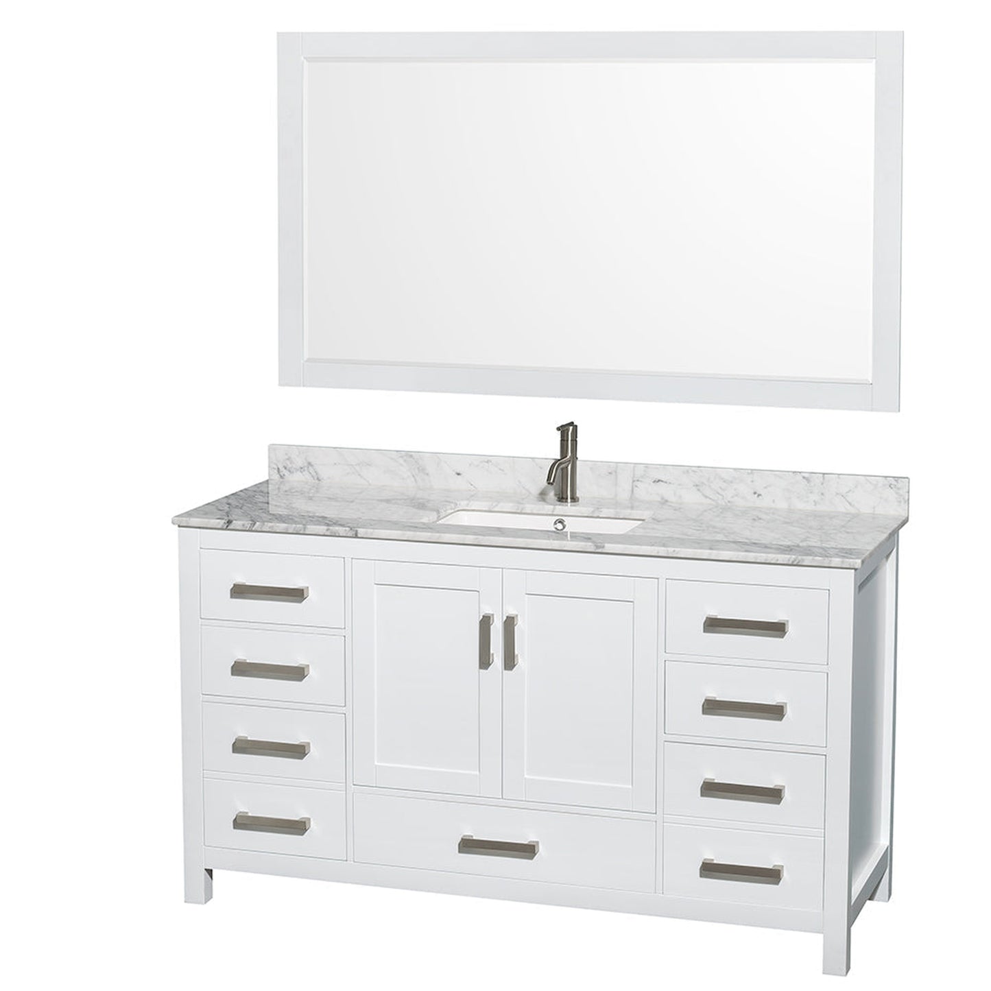 Wyndham Collection Sheffield 60" Single Bathroom Vanity in White, White Carrara Marble Countertop, Undermount Square Sink, and 58" Mirror