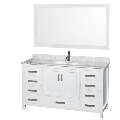 Wyndham Collection Sheffield 60" Single Bathroom Vanity in White, White Carrara Marble Countertop, Undermount Square Sink, and 58" Mirror