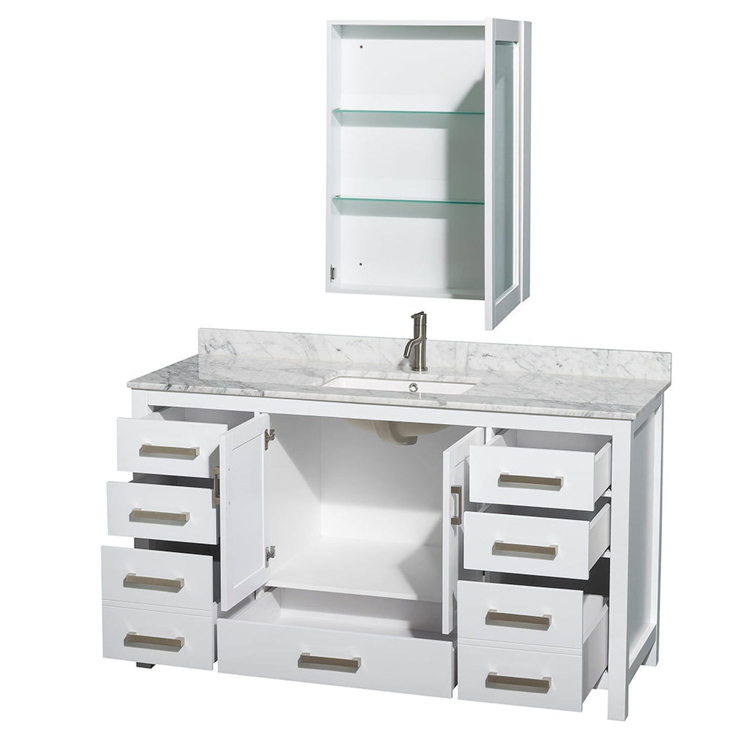 Wyndham Collection Sheffield 60" Single Bathroom Vanity in White, White Carrara Marble Countertop, Undermount Square Sink, and Medicine Cabinet