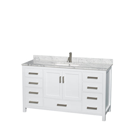 Wyndham Collection Sheffield 60" Single Bathroom Vanity in White, White Carrara Marble Countertop, Undermount Square Sink, and Medicine Cabinet