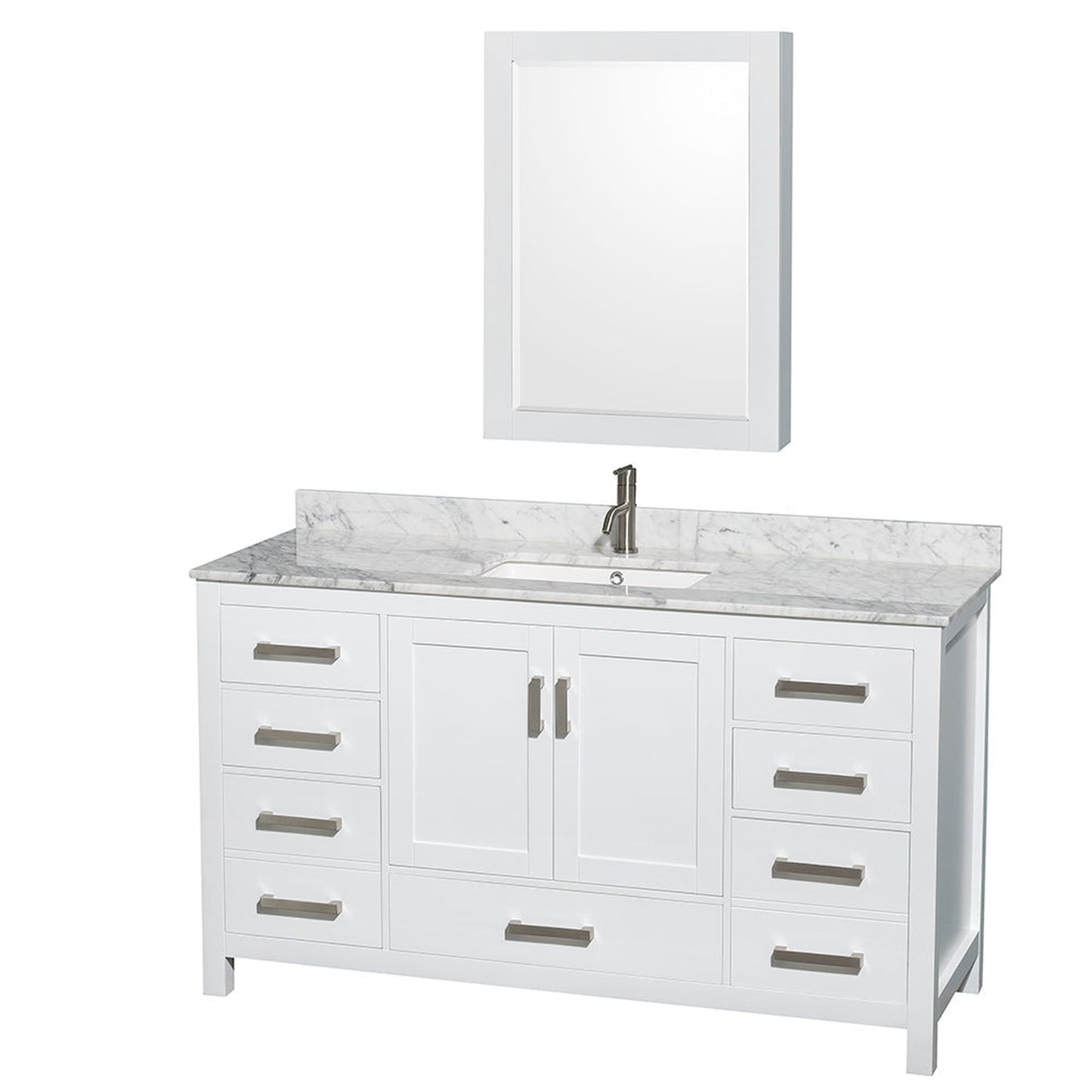 Wyndham Collection Sheffield 60" Single Bathroom Vanity in White, White Carrara Marble Countertop, Undermount Square Sink, and Medicine Cabinet