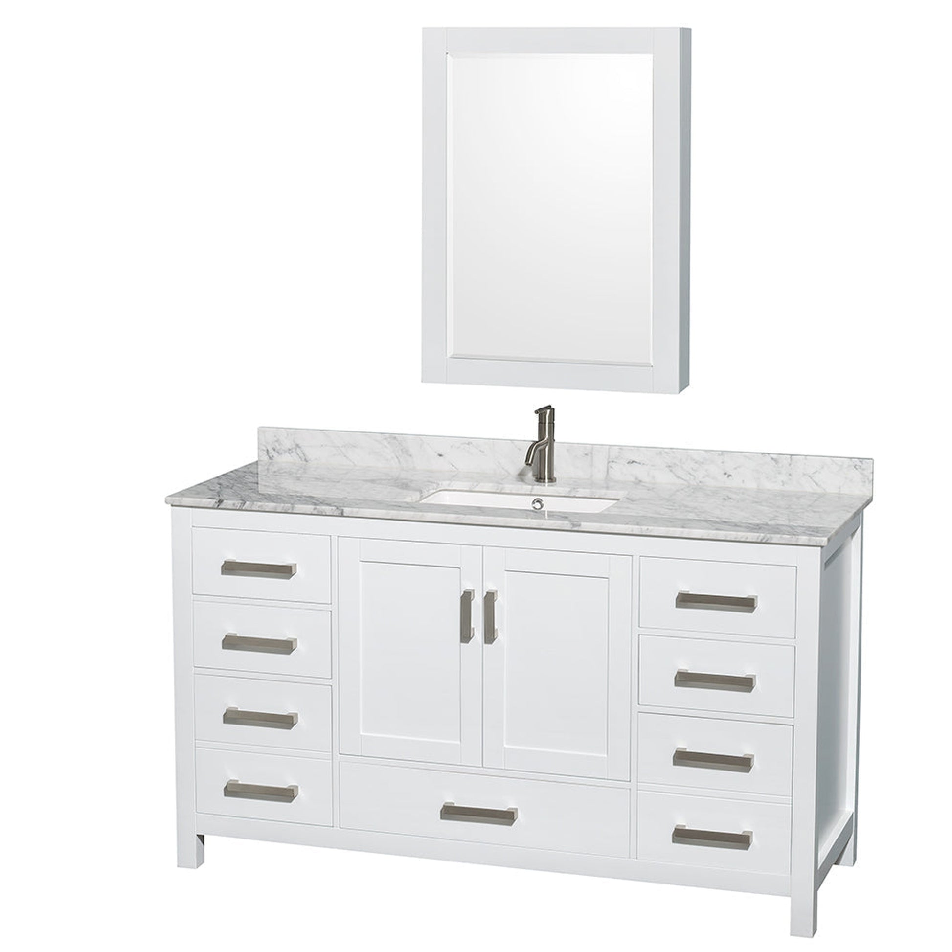 Wyndham Collection Sheffield 60" Single Bathroom Vanity in White, White Carrara Marble Countertop, Undermount Square Sink, and Medicine Cabinet