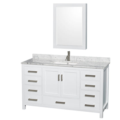Wyndham Collection Sheffield 60" Single Bathroom Vanity in White, White Carrara Marble Countertop, Undermount Square Sink, and Medicine Cabinet