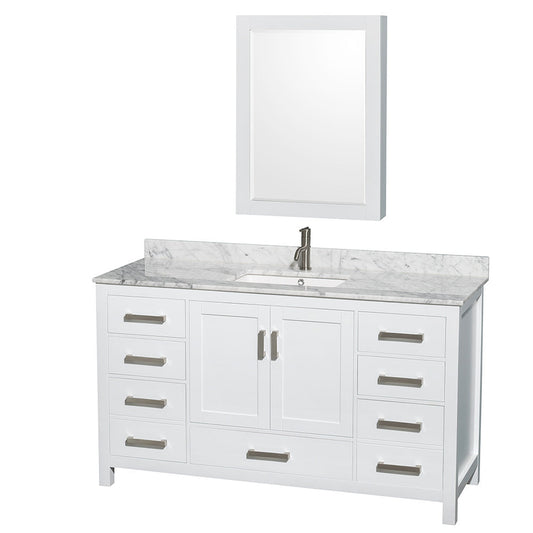 Wyndham Collection Sheffield 60" Single Bathroom Vanity in White, White Carrara Marble Countertop, Undermount Square Sink, and Medicine Cabinet