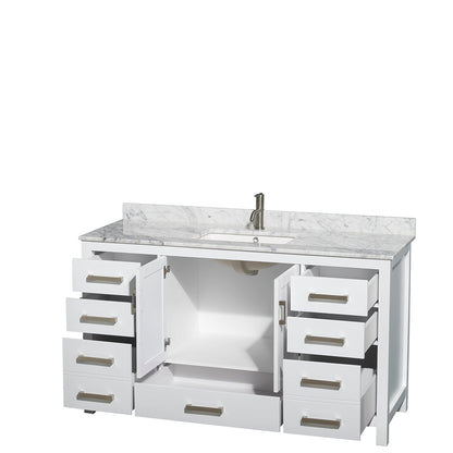 Wyndham Collection Sheffield 60" Single Bathroom Vanity in White, White Carrara Marble Countertop, Undermount Square Sink, and No Mirror