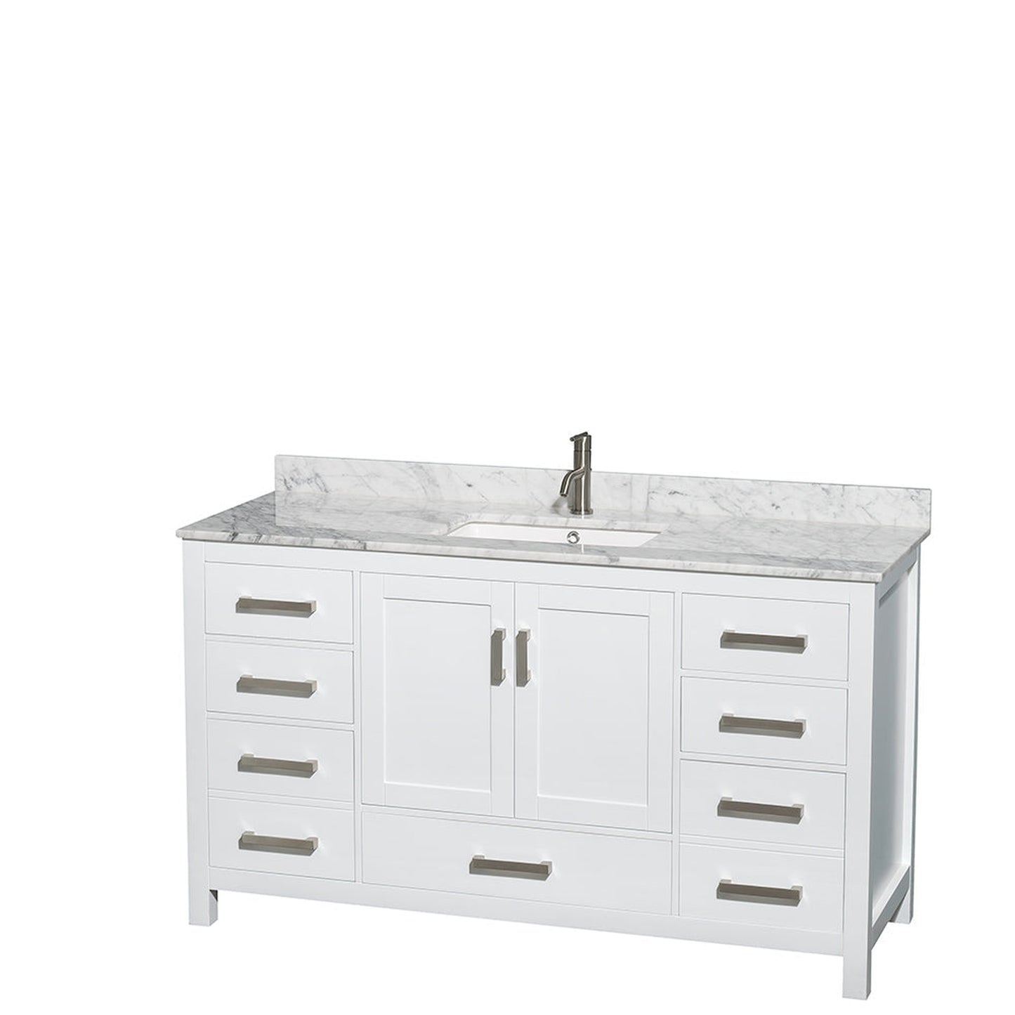 Wyndham Collection Sheffield 60" Single Bathroom Vanity in White, White Carrara Marble Countertop, Undermount Square Sink, and No Mirror