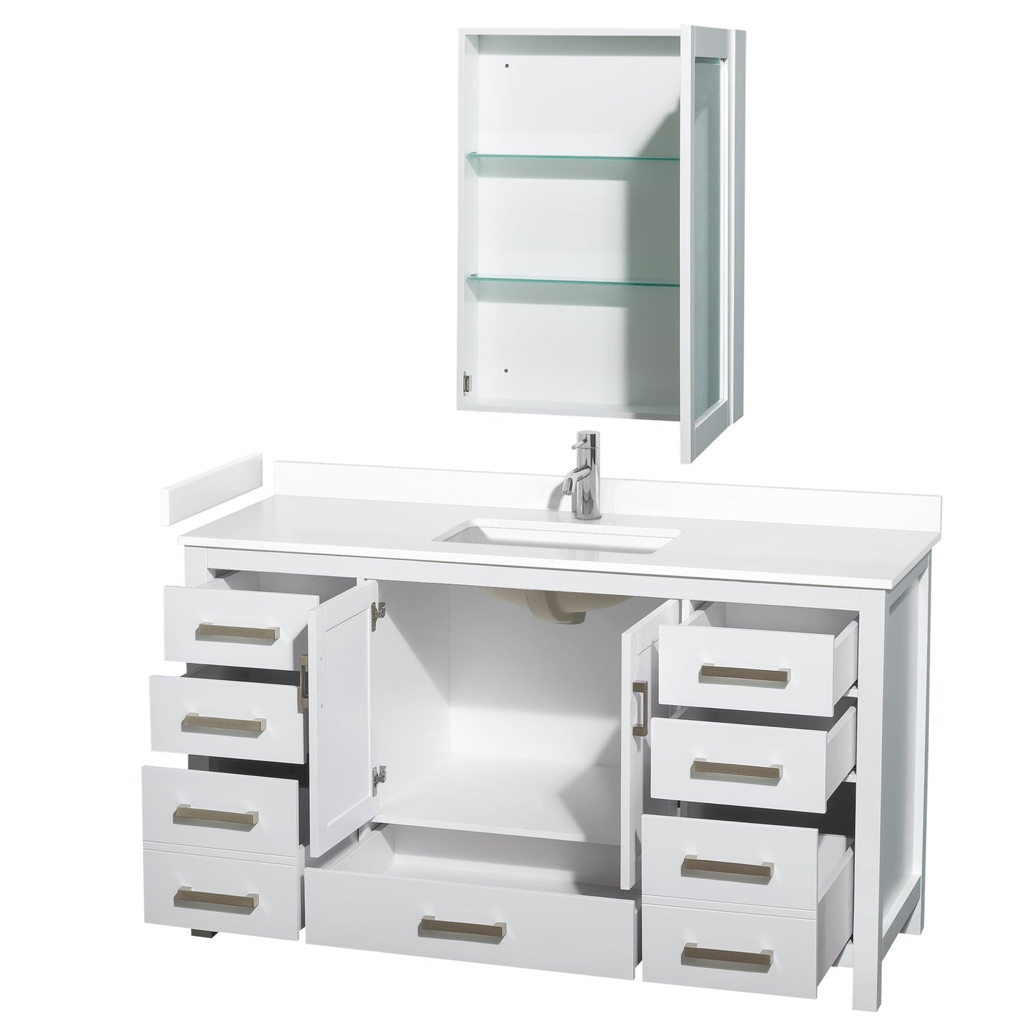 Wyndham Collection Sheffield 60" Single Bathroom Vanity in White, White Cultured Marble Countertop, Undermount Square Sink, Medicine Cabinet