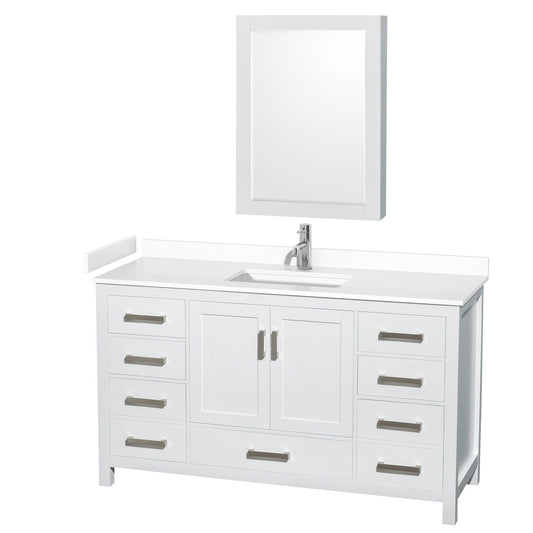 Wyndham Collection Sheffield 60" Single Bathroom Vanity in White, White Cultured Marble Countertop, Undermount Square Sink, Medicine Cabinet