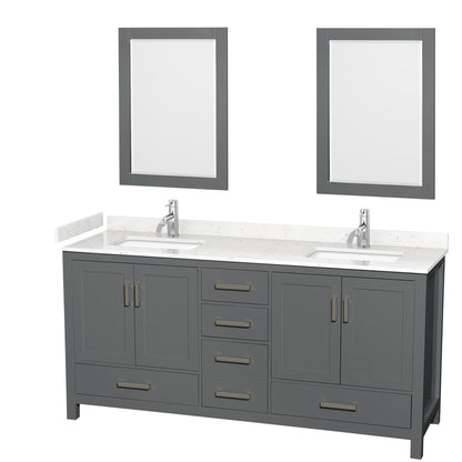 Wyndham Collection Sheffield 72" Double Bathroom Vanity in Dark Gray, Carrara Cultured Marble Countertop, Undermount Square Sinks, 24" Mirror