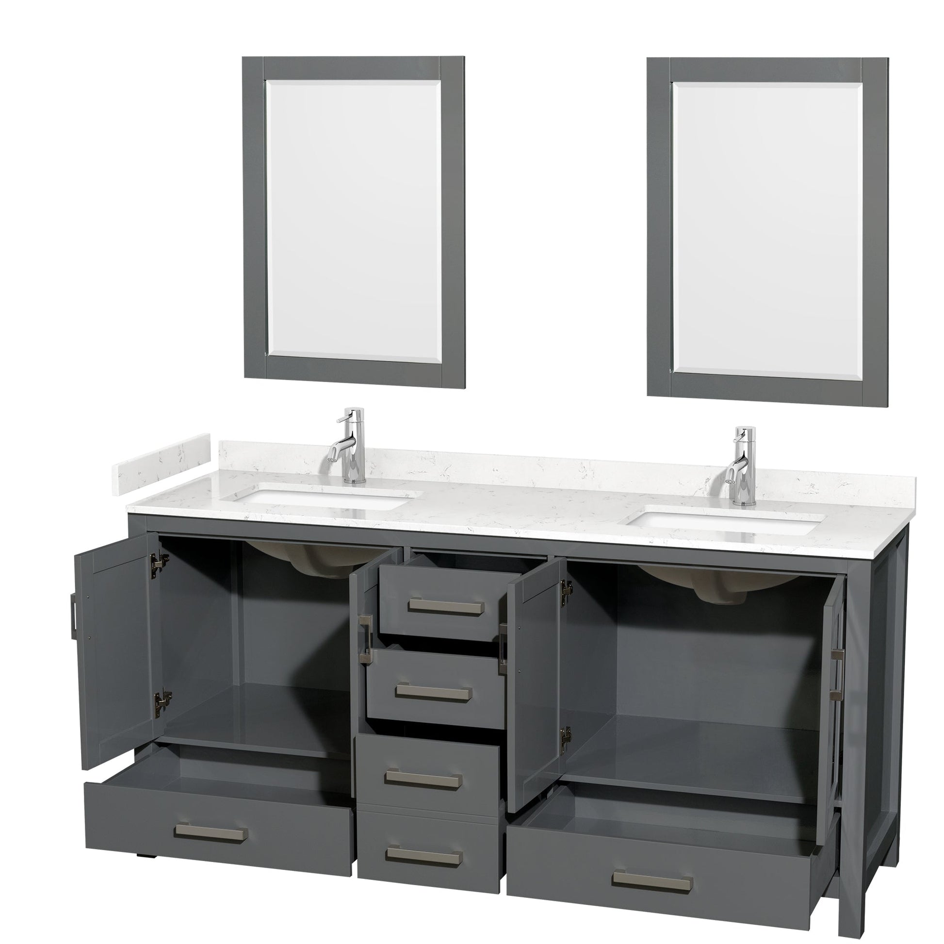 Wyndham Collection Sheffield 72" Double Bathroom Vanity in Dark Gray, Carrara Cultured Marble Countertop, Undermount Square Sinks, 24" Mirror