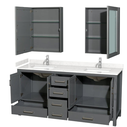 Wyndham Collection Sheffield 72" Double Bathroom Vanity in Dark Gray, Carrara Cultured Marble Countertop, Undermount Square Sinks, Medicine Cabinet