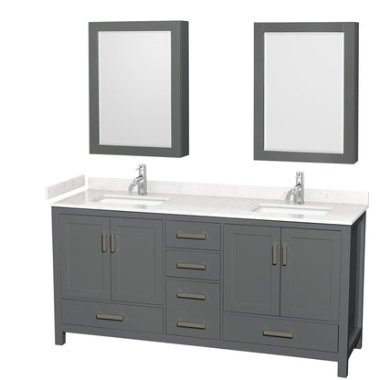 Wyndham Collection Sheffield 72" Double Bathroom Vanity in Dark Gray, Carrara Cultured Marble Countertop, Undermount Square Sinks, Medicine Cabinet