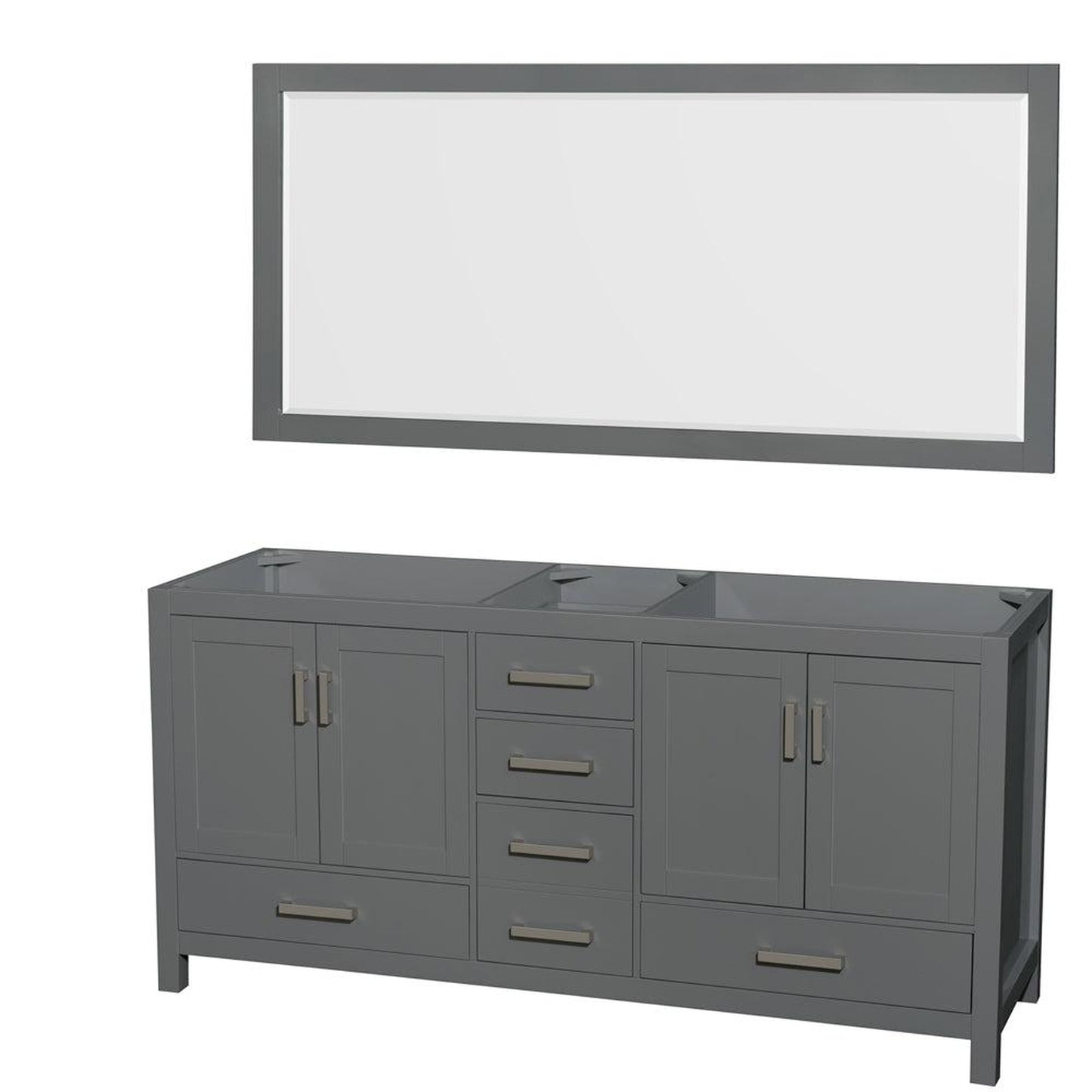 Wyndham Collection Sheffield 72" Double Bathroom Vanity in Dark Gray, No Countertop, No Sink, and 70" Mirror