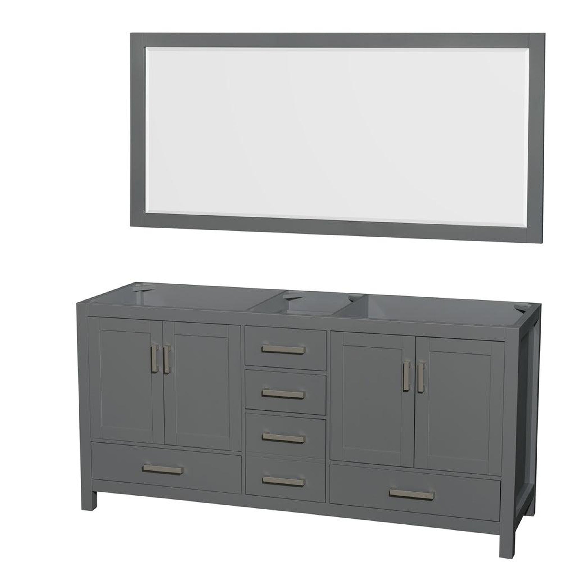 Wyndham Collection Sheffield 72" Double Bathroom Vanity in Dark Gray, No Countertop, No Sink, and 70" Mirror