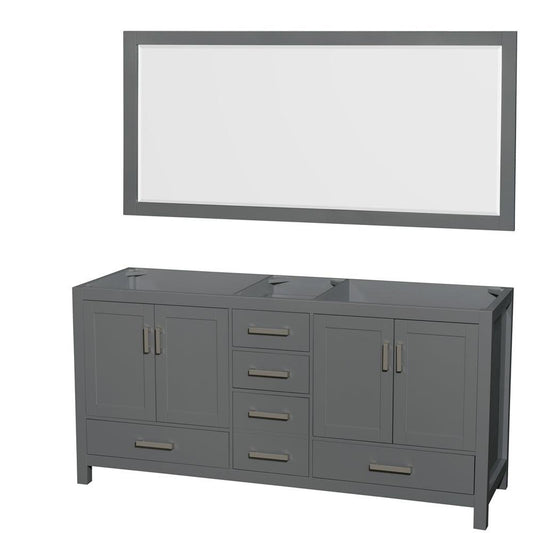 Wyndham Collection Sheffield 72" Double Bathroom Vanity in Dark Gray, No Countertop, No Sink, and 70" Mirror