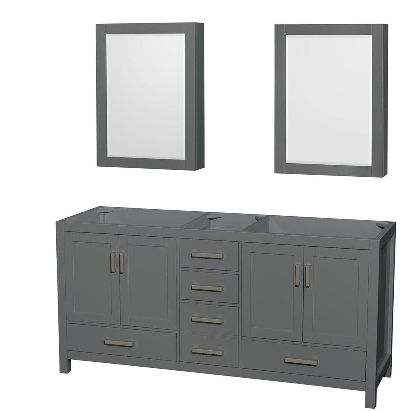 Wyndham Collection Sheffield 72" Double Bathroom Vanity in Dark Gray, No Countertop, No Sink, and Medicine Cabinet