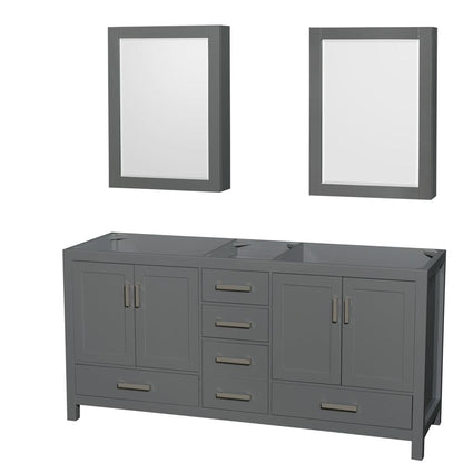Wyndham Collection Sheffield 72" Double Bathroom Vanity in Dark Gray, No Countertop, No Sink, and Medicine Cabinet
