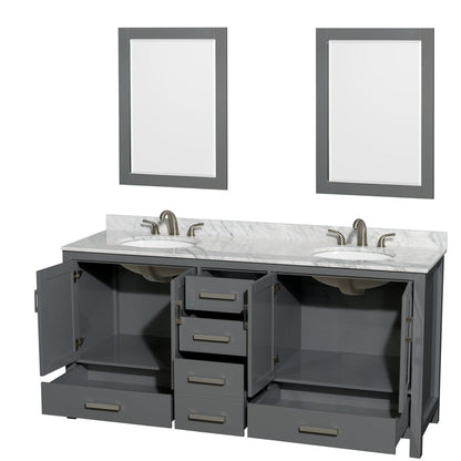Wyndham Collection Sheffield 72" Double Bathroom Vanity in Dark Gray, White Carrara Marble Countertop, Undermount Oval Sinks, and 24" Mirror
