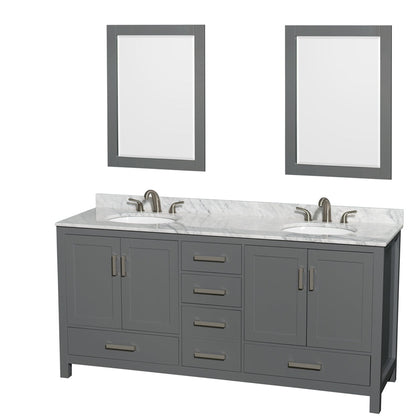 Wyndham Collection Sheffield 72" Double Bathroom Vanity in Dark Gray, White Carrara Marble Countertop, Undermount Oval Sinks, and 24" Mirror
