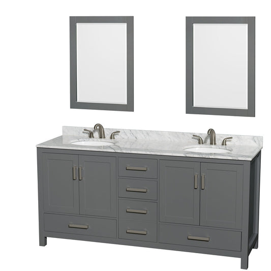 Wyndham Collection Sheffield 72" Double Bathroom Vanity in Dark Gray, White Carrara Marble Countertop, Undermount Oval Sinks, and 24" Mirror