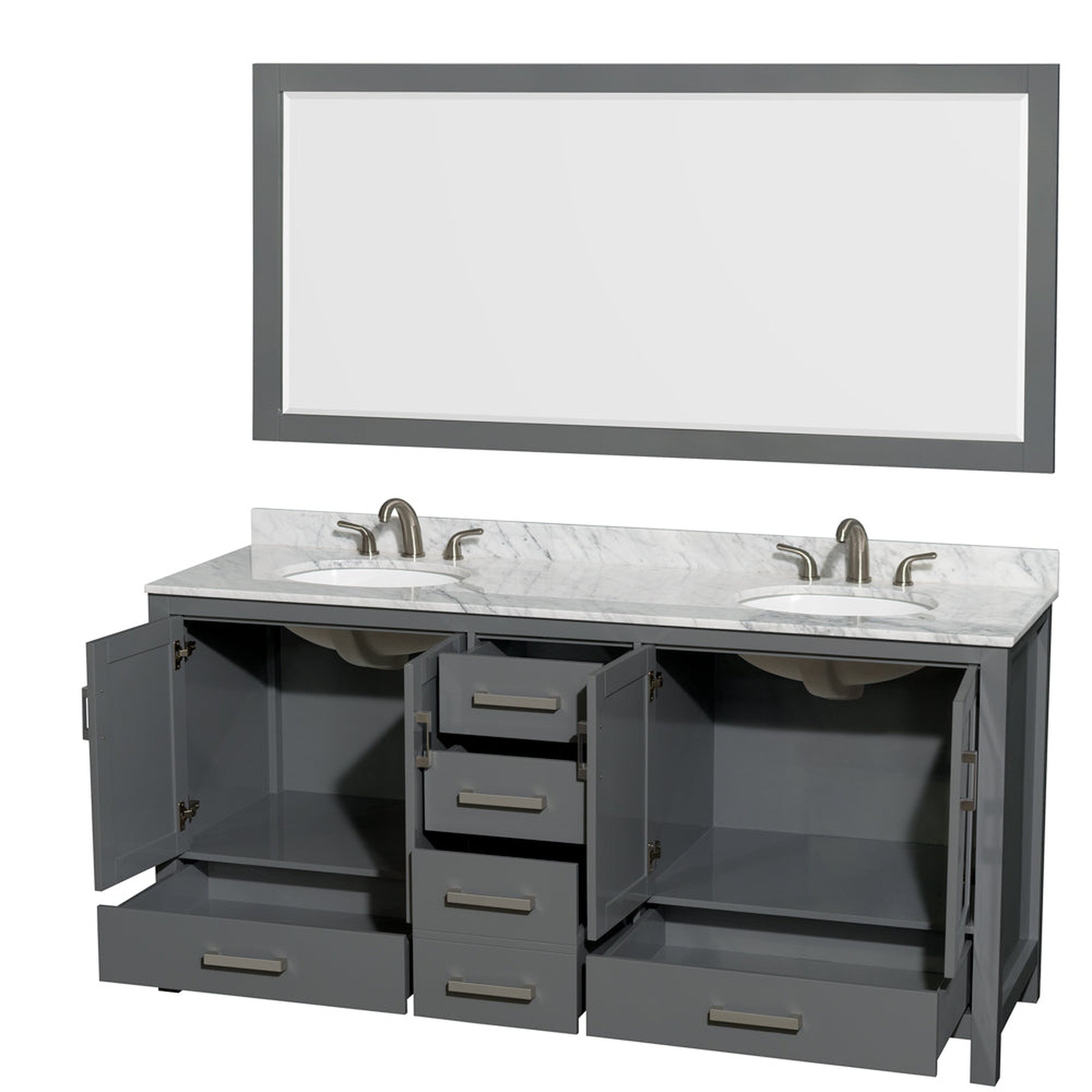 Wyndham Collection Sheffield 72" Double Bathroom Vanity in Dark Gray, White Carrara Marble Countertop, Undermount Oval Sinks, and 70" Mirror