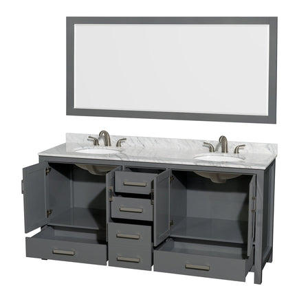 Wyndham Collection Sheffield 72" Double Bathroom Vanity in Dark Gray, White Carrara Marble Countertop, Undermount Oval Sinks, and 70" Mirror