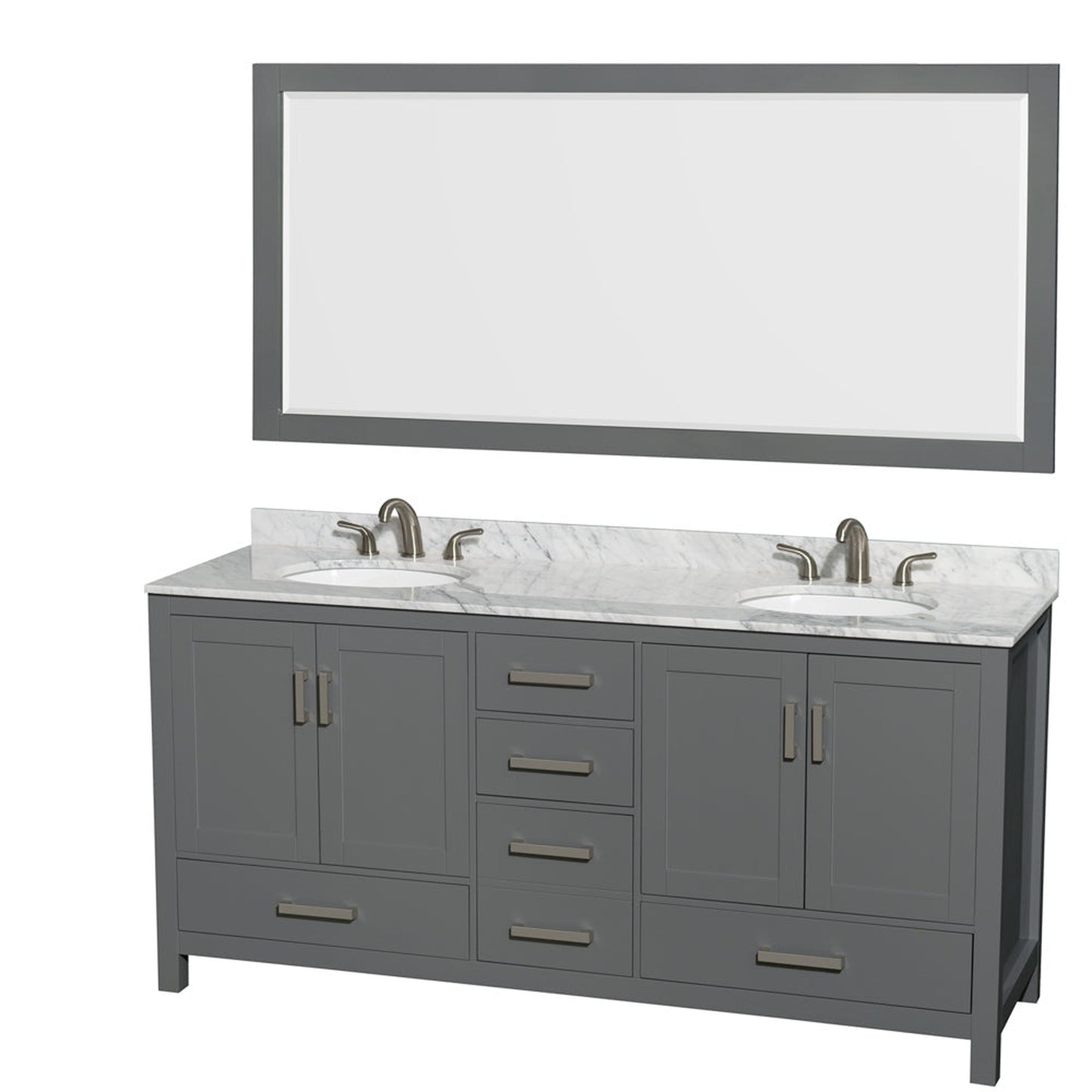 Wyndham Collection Sheffield 72" Double Bathroom Vanity in Dark Gray, White Carrara Marble Countertop, Undermount Oval Sinks, and 70" Mirror