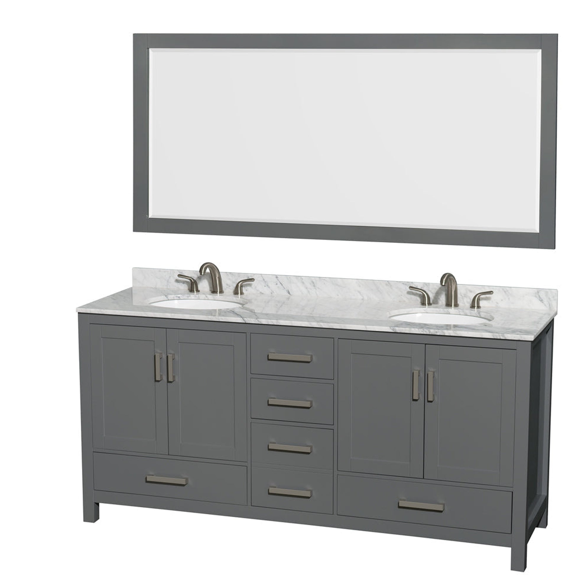 Wyndham Collection Sheffield 72" Double Bathroom Vanity in Dark Gray, White Carrara Marble Countertop, Undermount Oval Sinks, and 70" Mirror