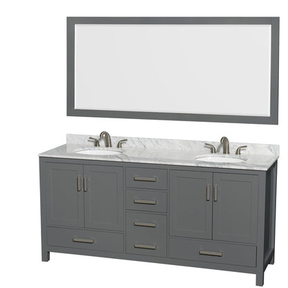 Wyndham Collection Sheffield 72" Double Bathroom Vanity in Dark Gray, White Carrara Marble Countertop, Undermount Oval Sinks, and 70" Mirror