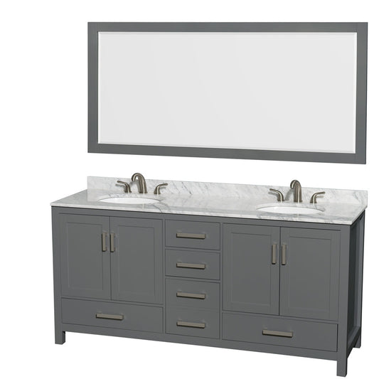 Wyndham Collection Sheffield 72" Double Bathroom Vanity in Dark Gray, White Carrara Marble Countertop, Undermount Oval Sinks, and 70" Mirror