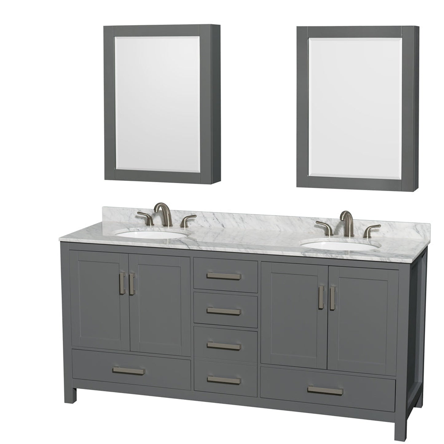Wyndham Collection Sheffield 72" Double Bathroom Vanity in Dark Gray, White Carrara Marble Countertop, Undermount Oval Sinks, and Medicine Cabinet