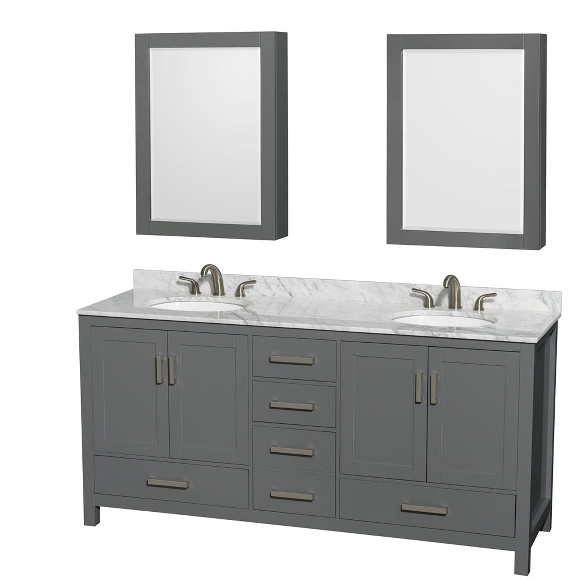 Wyndham Collection Sheffield 72" Double Bathroom Vanity in Dark Gray, White Carrara Marble Countertop, Undermount Oval Sinks, and Medicine Cabinet