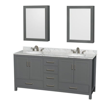 Wyndham Collection Sheffield 72" Double Bathroom Vanity in Dark Gray, White Carrara Marble Countertop, Undermount Oval Sinks, and Medicine Cabinet