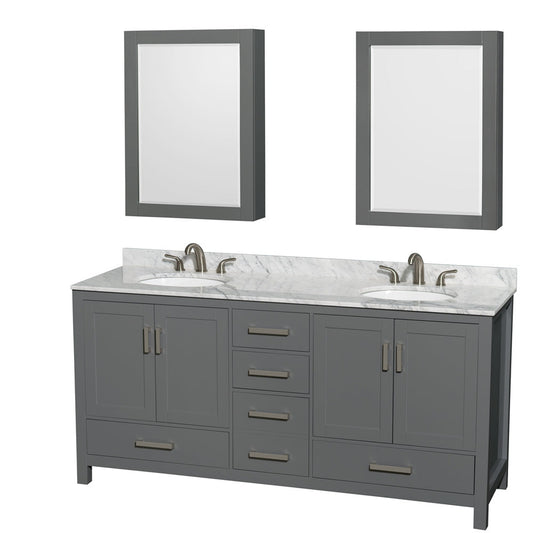 Wyndham Collection Sheffield 72" Double Bathroom Vanity in Dark Gray, White Carrara Marble Countertop, Undermount Oval Sinks, and Medicine Cabinet