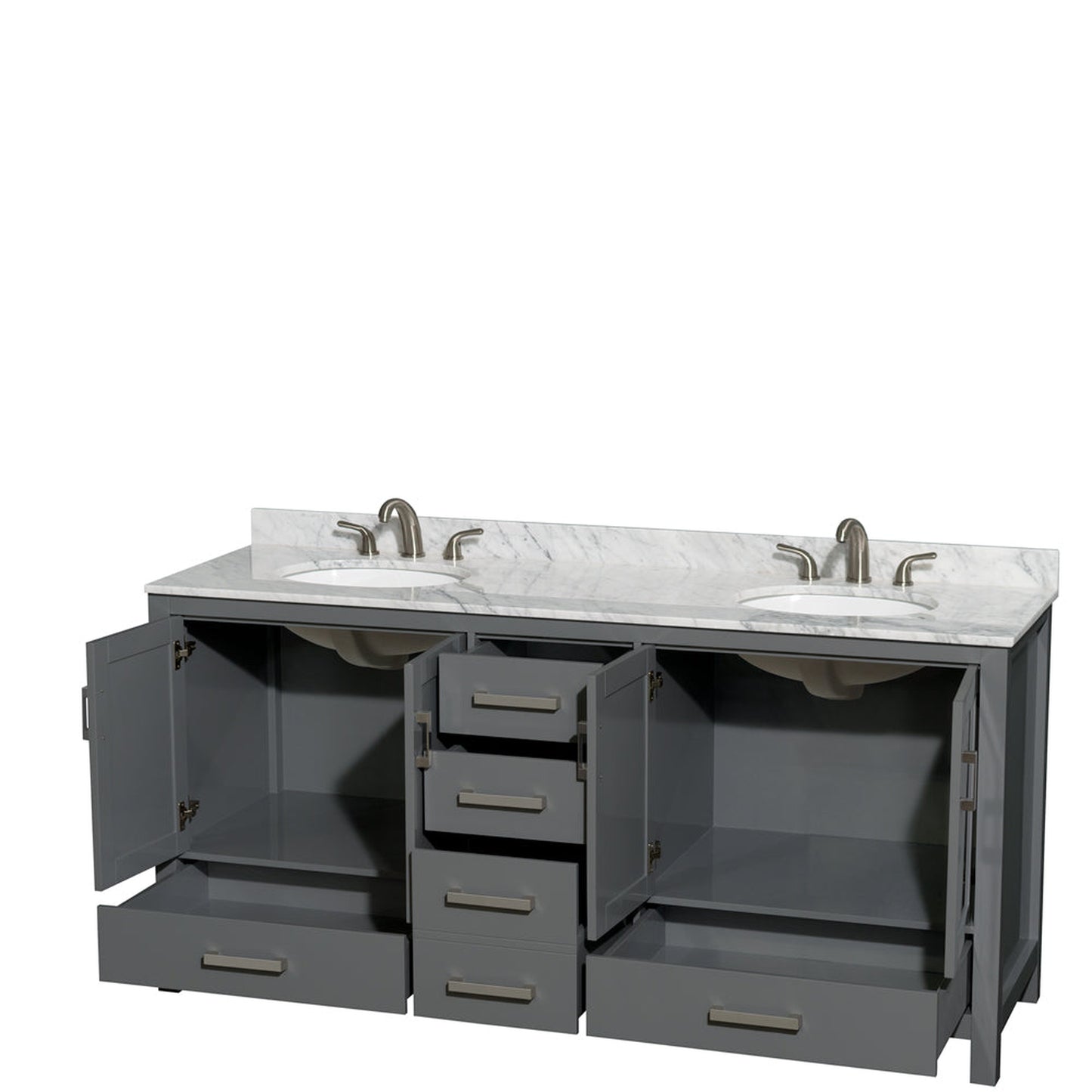 Wyndham Collection Sheffield 72" Double Bathroom Vanity in Dark Gray, White Carrara Marble Countertop, Undermount Oval Sinks, and No Mirror