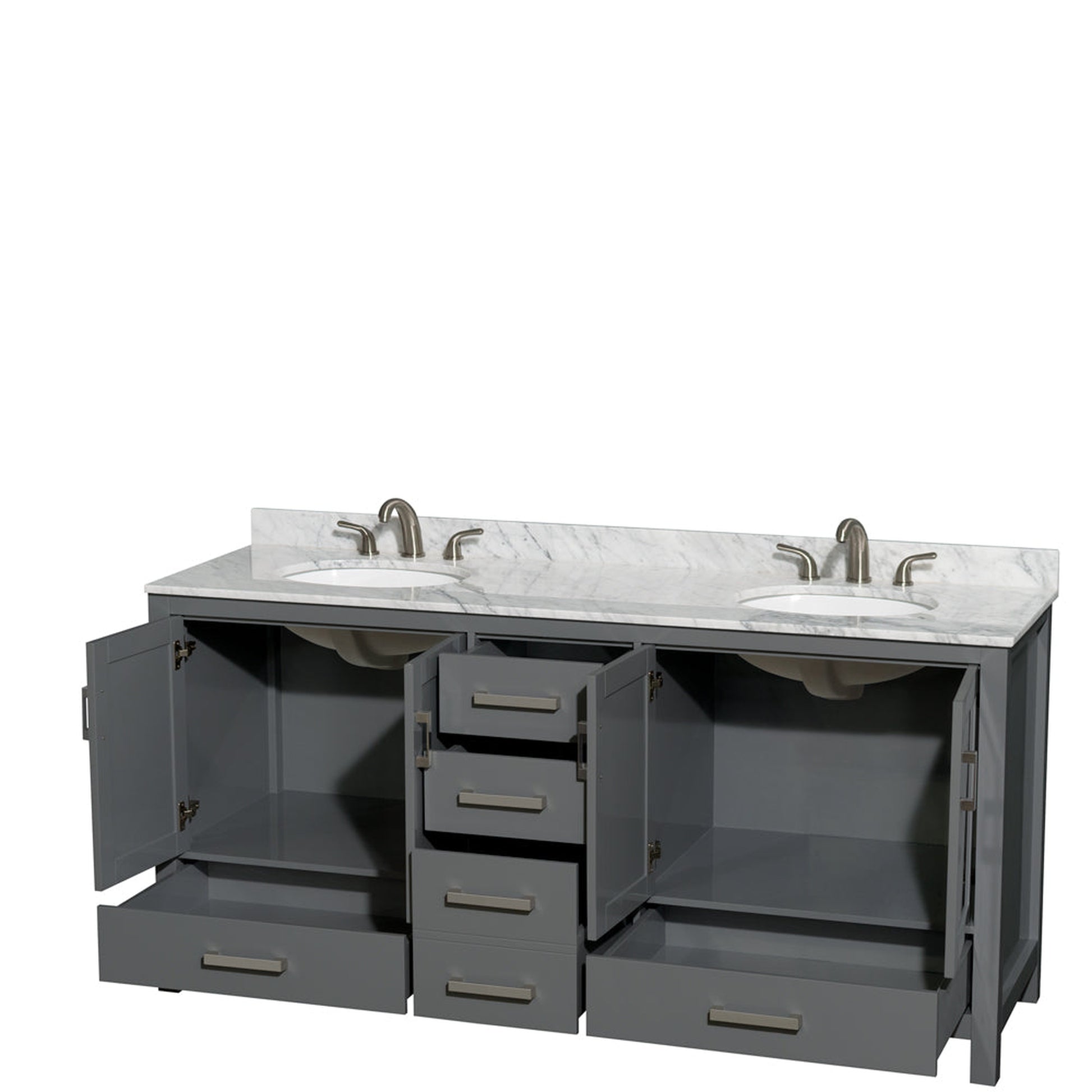 Wyndham Collection Sheffield 72" Double Bathroom Vanity in Dark Gray, White Carrara Marble Countertop, Undermount Oval Sinks, and No Mirror