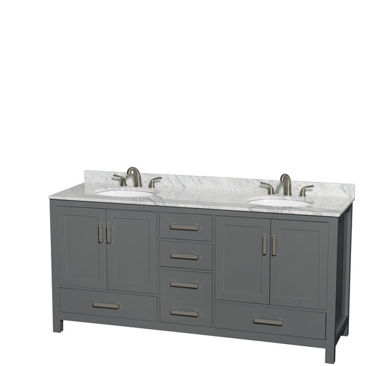 Wyndham Collection Sheffield 72" Double Bathroom Vanity in Dark Gray, White Carrara Marble Countertop, Undermount Oval Sinks, and No Mirror