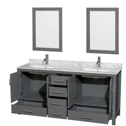 Wyndham Collection Sheffield 72" Double Bathroom Vanity in Dark Gray, White Carrara Marble Countertop, Undermount Square Sinks, and 24" Mirror