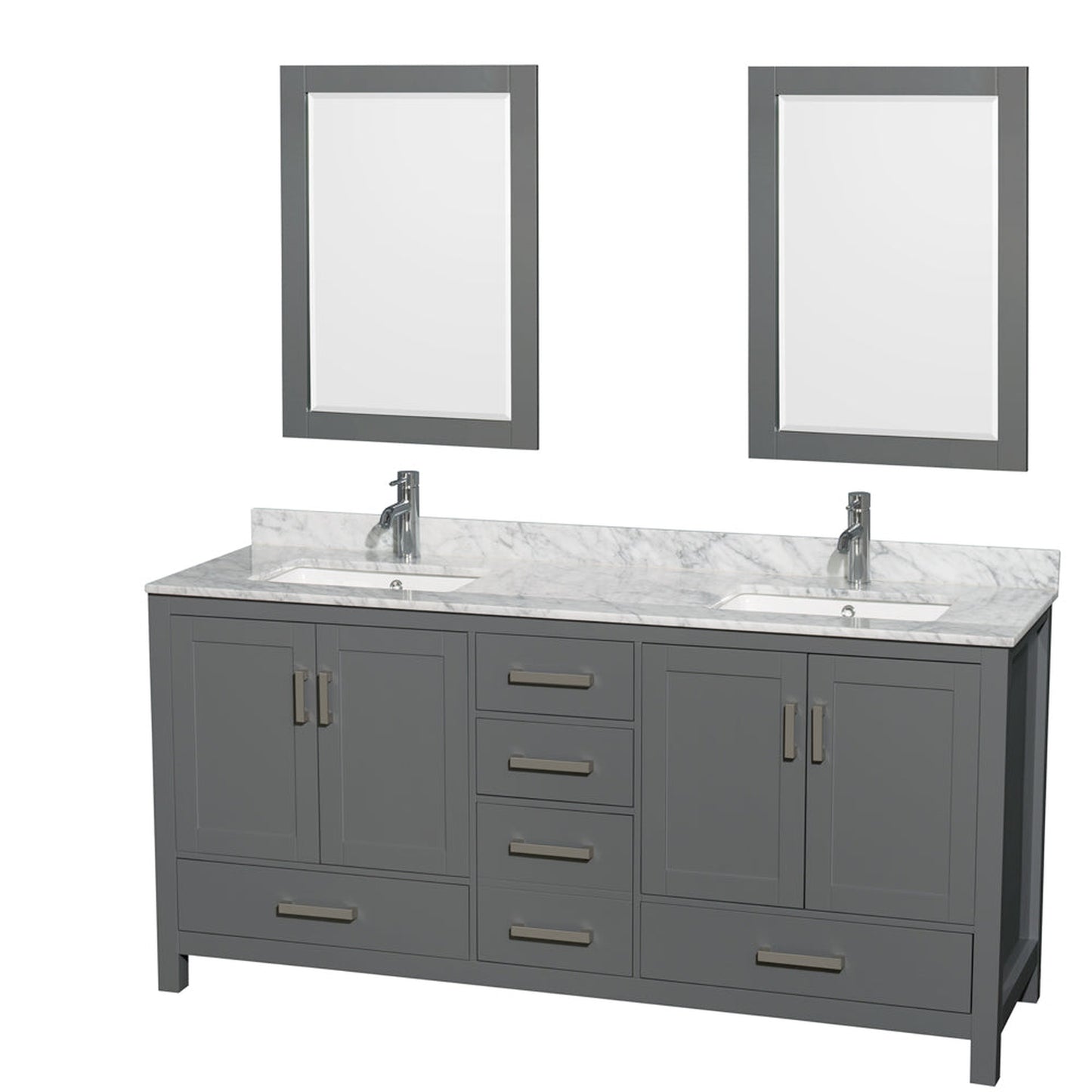 Wyndham Collection Sheffield 72" Double Bathroom Vanity in Dark Gray, White Carrara Marble Countertop, Undermount Square Sinks, and 24" Mirror