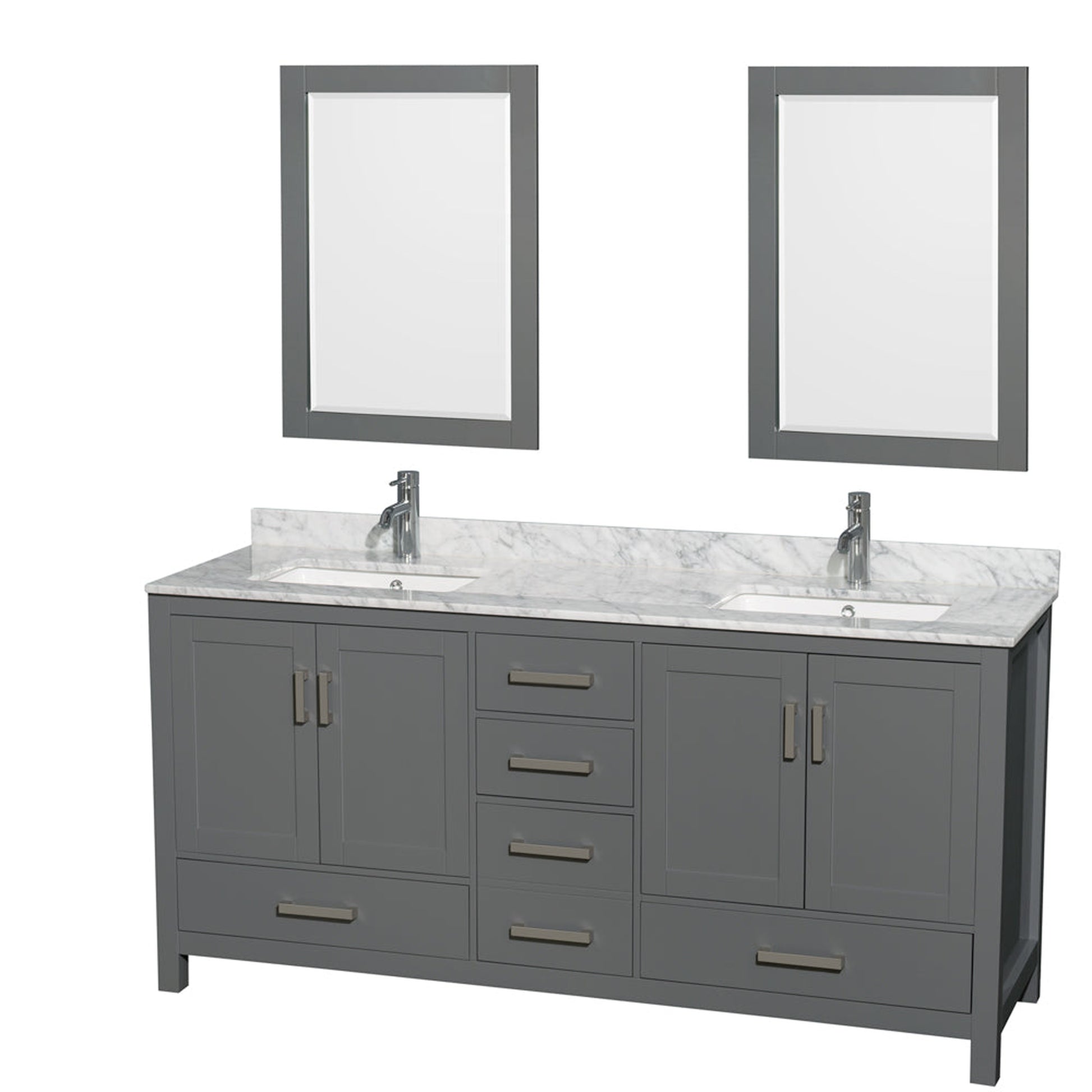 Wyndham Collection Sheffield 72" Double Bathroom Vanity in Dark Gray, White Carrara Marble Countertop, Undermount Square Sinks, and 24" Mirror