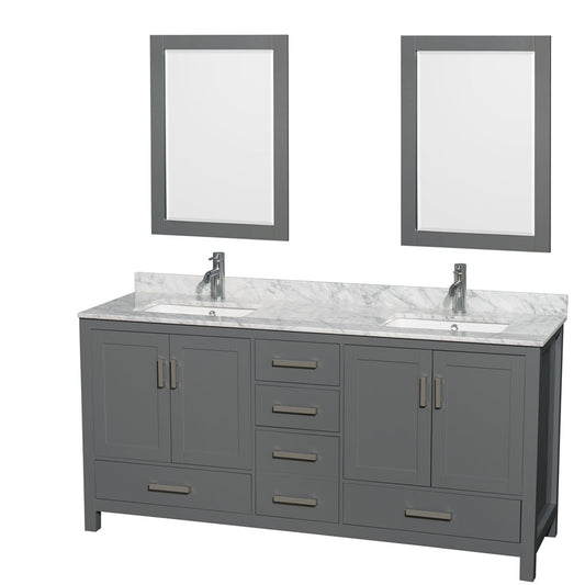 Wyndham Collection Sheffield 72" Double Bathroom Vanity in Dark Gray, White Carrara Marble Countertop, Undermount Square Sinks, and 24" Mirror