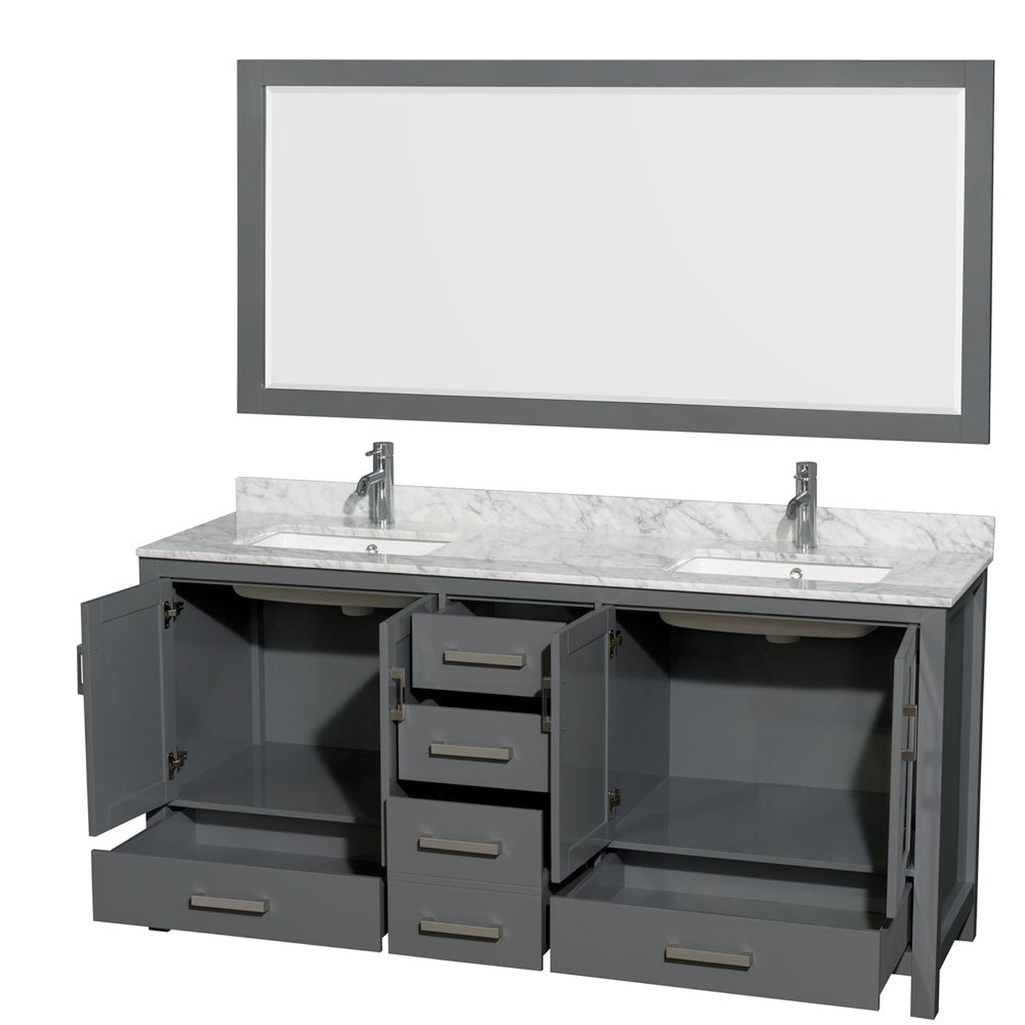 Wyndham Collection Sheffield 72" Double Bathroom Vanity in Dark Gray, White Carrara Marble Countertop, Undermount Square Sinks, and 70" Mirror