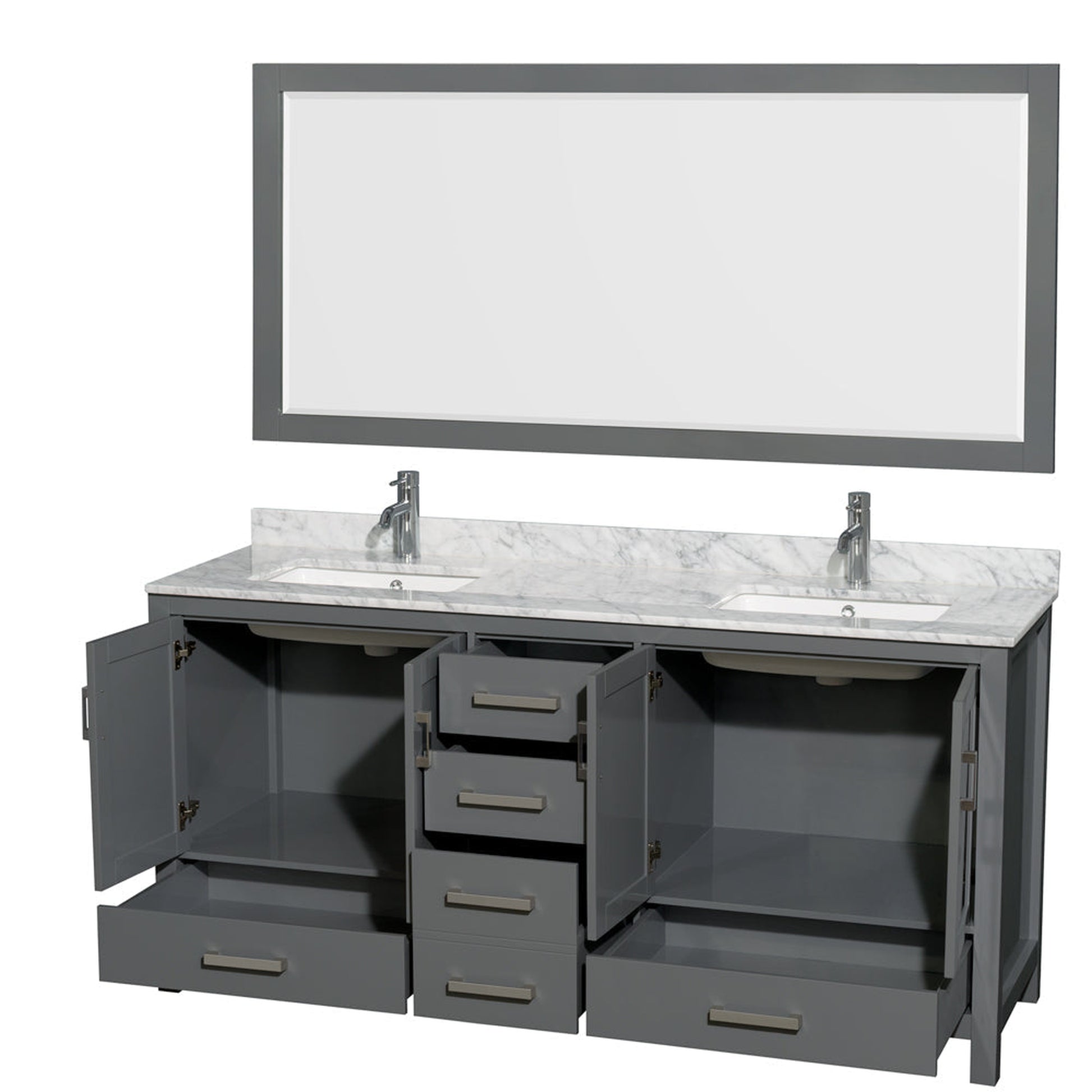 Wyndham Collection Sheffield 72" Double Bathroom Vanity in Dark Gray, White Carrara Marble Countertop, Undermount Square Sinks, and 70" Mirror