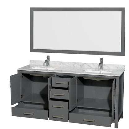 Wyndham Collection Sheffield 72" Double Bathroom Vanity in Dark Gray, White Carrara Marble Countertop, Undermount Square Sinks, and 70" Mirror