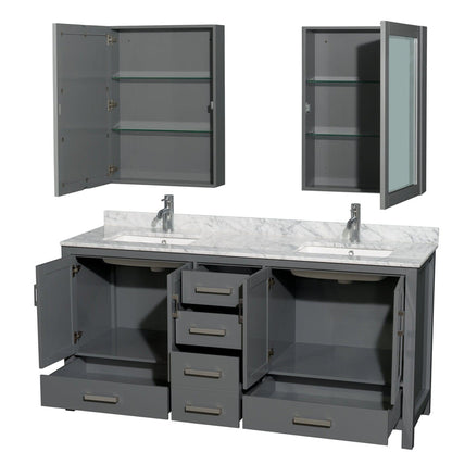 Wyndham Collection Sheffield 72" Double Bathroom Vanity in Dark Gray, White Carrara Marble Countertop, Undermount Square Sinks, and Medicine Cabinet